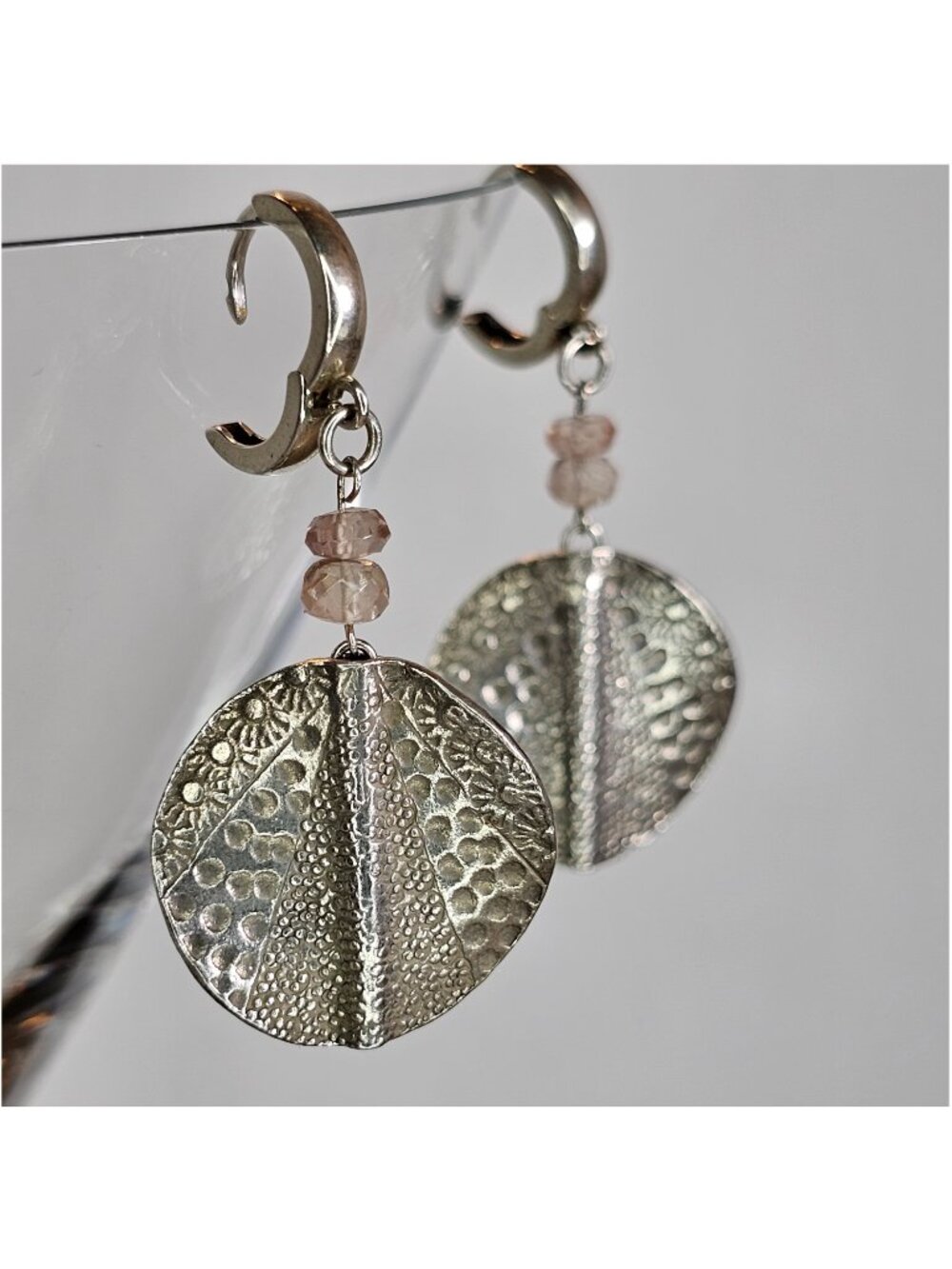 Hilltribe Hammered 95% Silver Dots & Flowers w OR Sunstone Dangle Earrings